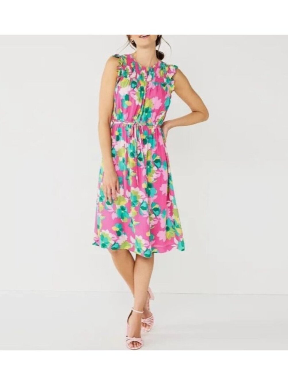 Draper James RSVP Size M Smocked Yoke Ruffle Midi Length Dress Multi-Color Rayon